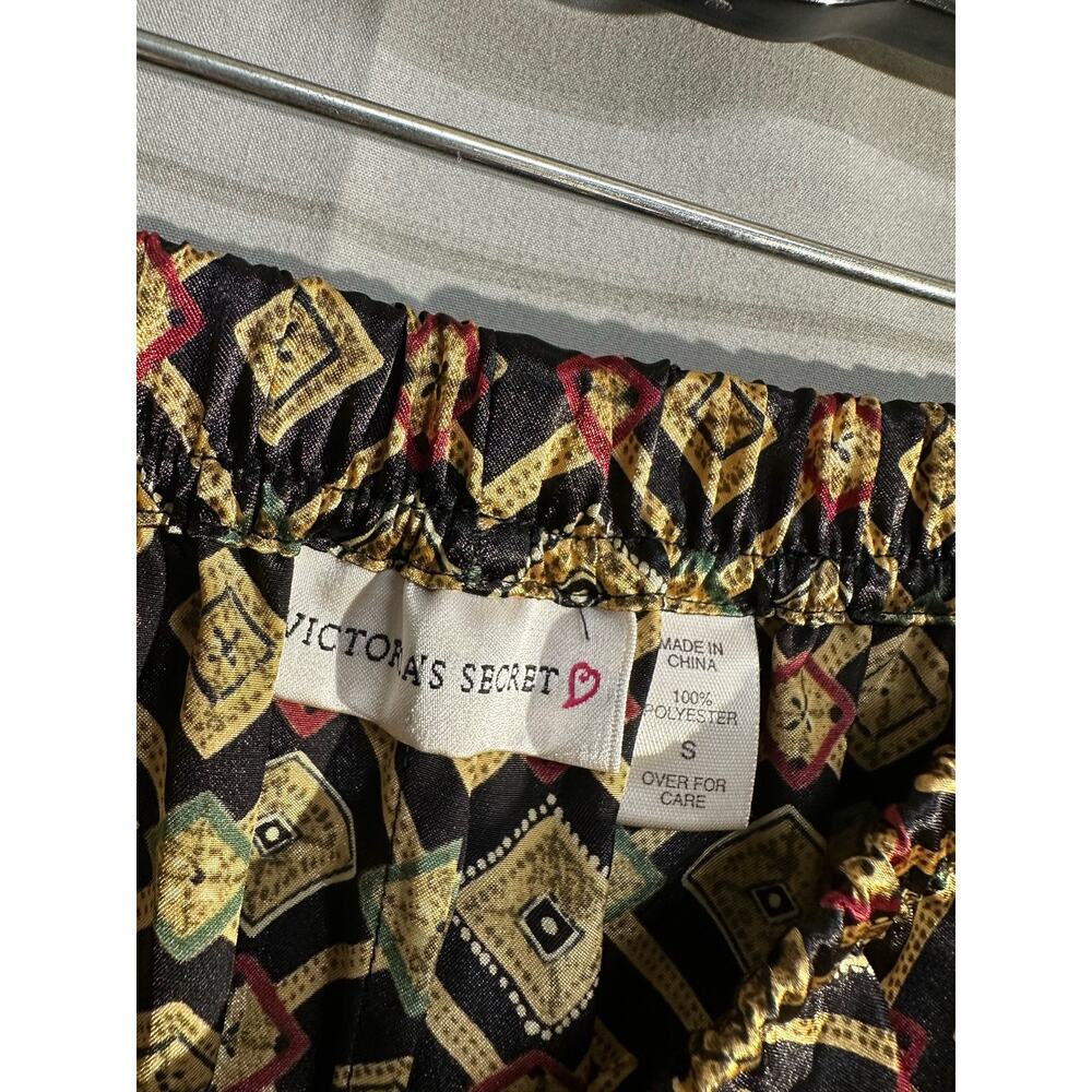 Y2K Vintage Victorias Secret Pants Small Black Satin Gold Print 90s High Rise - Picture 2 of 10